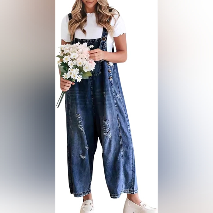 Women's Distressed Denim Overalls Mid Blue Size M/Xxl (New/ Unworn)